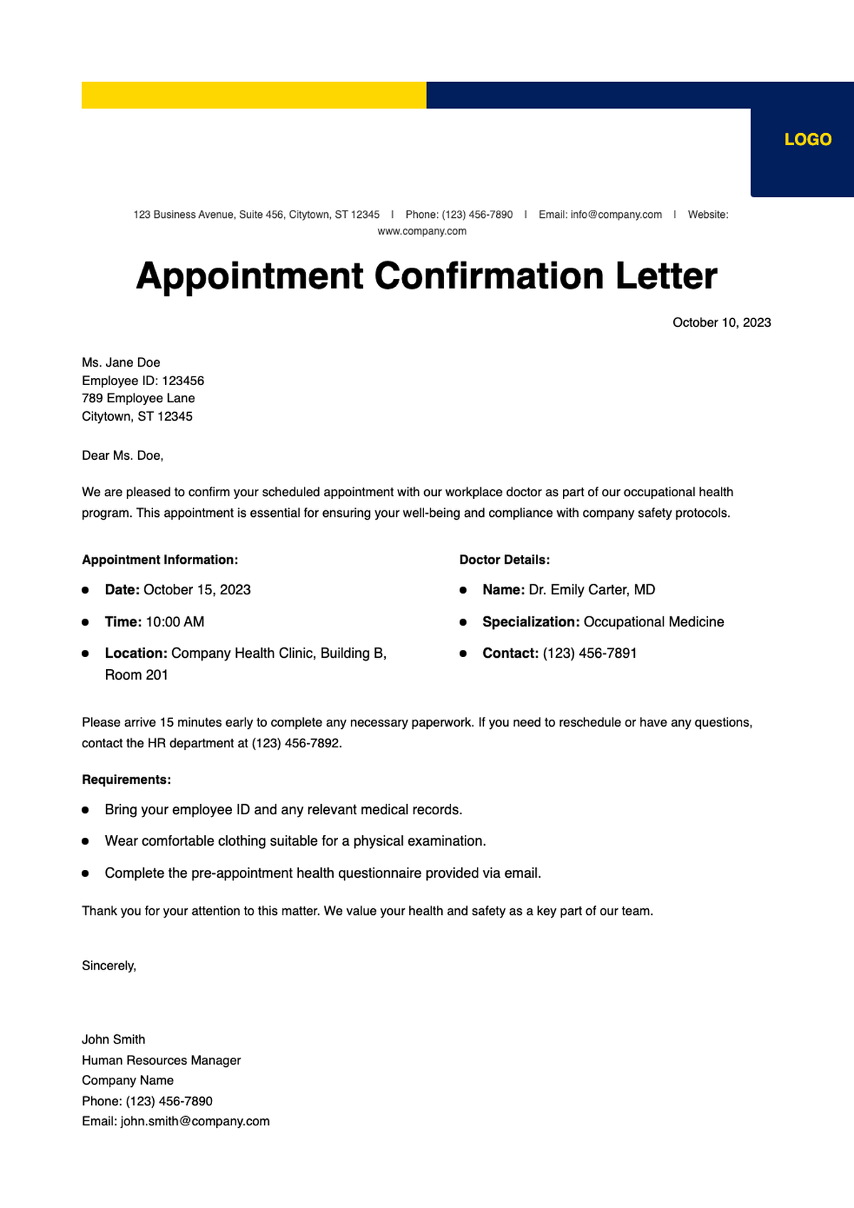 Workplace Doctor Appointment Confirmation Letter with Blue Yellow Header_variant_1